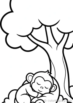 Coloring page of monkeys with simple props sleeping curled up peacefully under a big tree.