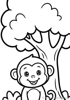 Coloring page of simple monkey fun looking at the viewer with a smile under a big tree.