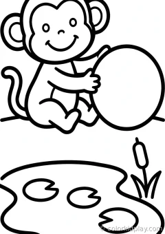 Coloring page of simple monkey fun playing with a ball beside a small pond.