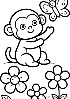 Coloring page of simple monkey fun playing with a butterfly in a flower garden.