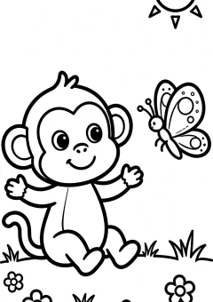 Coloring page of simple monkey fun playing with a butterfly in a sunny meadow.