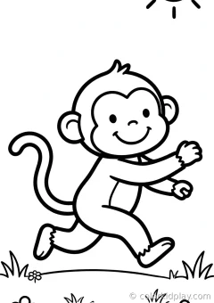 Coloring page of simple monkey fun running happily in a sunny meadow.