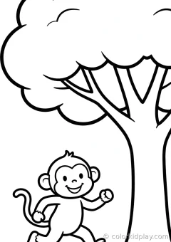 Coloring page of simple monkey fun running happily under a big tree.