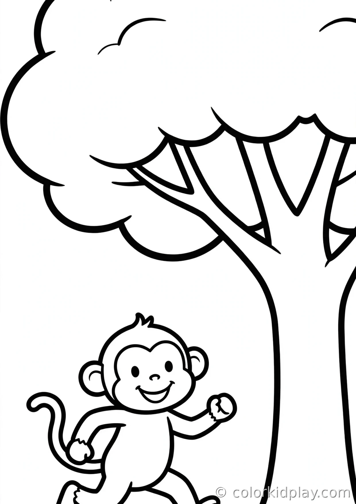 Coloring page of simple monkey fun running happily under a big tree.