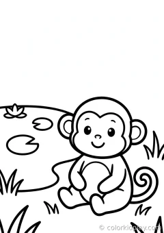Coloring page of simple monkey fun sitting in green grass beside a small pond.