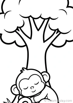Coloring page of simple monkey fun sleeping curled up peacefully under a big tree.