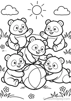 Coloring page of broadest panda collection playing with a ball in a sunny meadow.