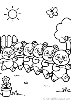 Coloring page of broadest panda collection running happily in a cozy backyard.