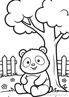 Coloring page of fun easy panda activities sitting under a tree in a cozy backyard.