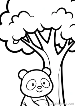 Coloring page of fun easy panda activities sitting under a tree under a big tree.