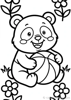 Coloring page of one big happy panda playing with a ball in a flower garden.