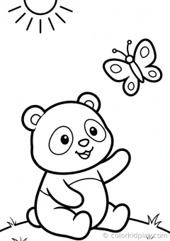 Coloring page of panda playing with a butterfly on a hill at sunset.