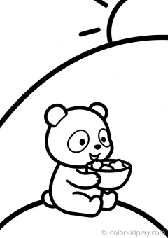 Coloring page of panda playtime eating from a bowl on a hill at sunset.