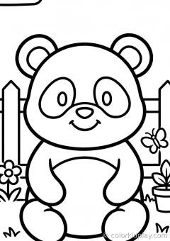Coloring page of panda playtime looking at the viewer with a smile in a cozy backyard.