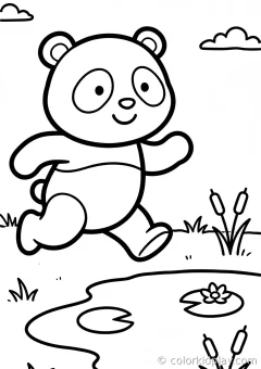 Coloring page of panda running happily beside a small pond.