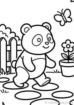 Coloring page of panda walking along a path in a cozy backyard.
