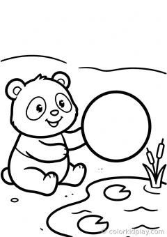 Coloring page of smiles playing with a ball beside a small pond.
