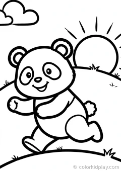 Coloring page of smiles running happily on a hill at sunset.
