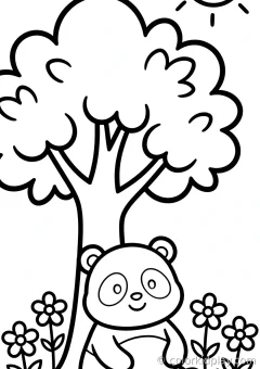Coloring page of smiles sitting under a tree in a sunny meadow.