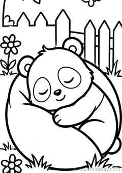 Coloring page of smiles sleeping curled up peacefully in a cozy backyard.