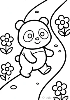 Coloring page of waves walking along a path in a flower garden.