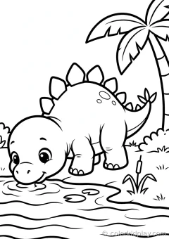 Coloring page of baby stegosaurus drinking from a river by a tropical river.