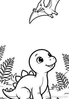Coloring page of baby stegosaurus looking at a flying pterodactyl in a fern valley.