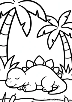 Coloring page of big resting under palm trees at the edge of a swamp.