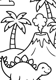 Coloring page of big stomping near a volcano under palm trees.