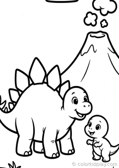 Coloring page of bold playing with a baby dino near a volcano.