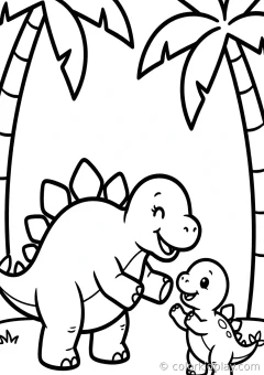 Coloring page of count the spikes playing with a baby dino under palm trees.
