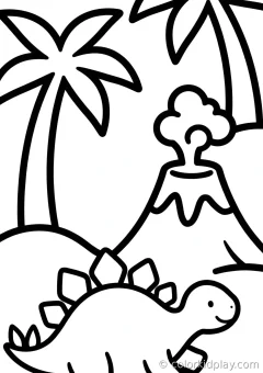 Coloring page of little extras stomping near a volcano under palm trees.