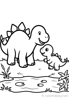 Coloring page of more dinosaur playing with a baby dino by a tropical river.