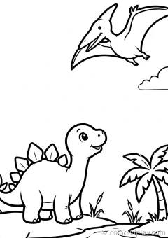 Coloring page of still super easy looking at a flying pterodactyl by a tropical river.