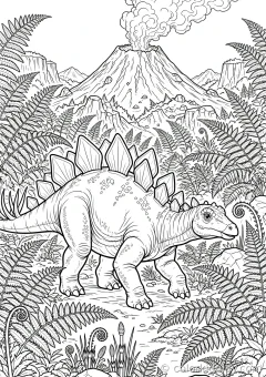 Coloring page of anatomy up close walking through ferns near a volcano.