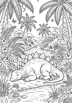 Coloring page of fossils resting under palm trees by a tropical river.