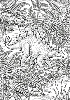 Coloring page of fossils walking through ferns at the edge of a swamp.