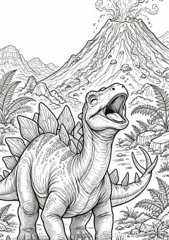 Coloring page of great plate debate roaring joyfully near a volcano.