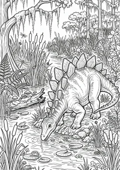 Coloring page of more dinosaur drinking from a river at the edge of a swamp.