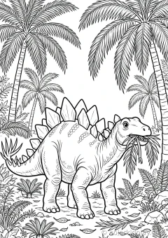 Coloring page of more dinosaur munching on leaves under palm trees.