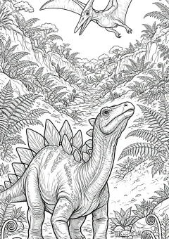 Coloring page of scale looking at a flying pterodactyl in a fern valley.