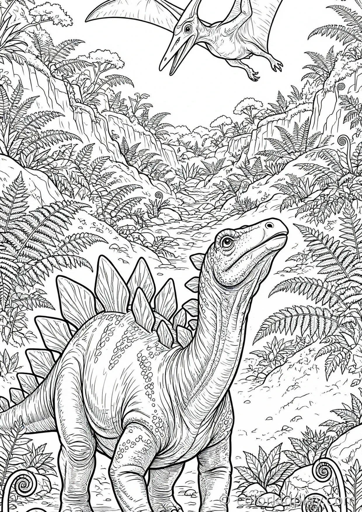 Coloring page of scale looking at a flying pterodactyl in a fern valley.