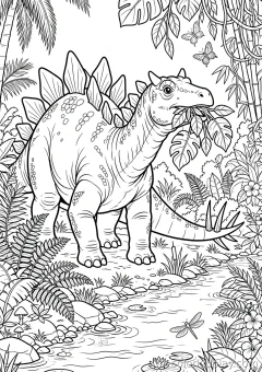 Coloring page of scale munching on leaves by a tropical river.