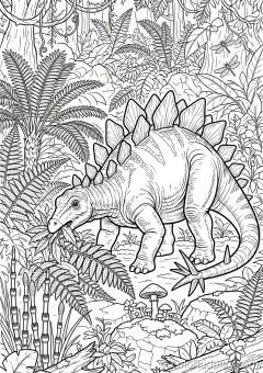 Coloring page of scale munching on leaves in a prehistoric jungle.