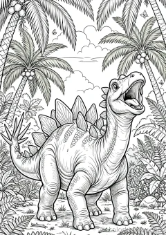 Coloring page of scale roaring joyfully under palm trees.